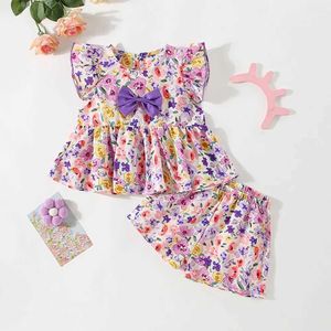 Set di abbigliamento abiti da abbigliamento per famiglie (0-3 anni) Summer Girl Cotton Floral Bow Bassed Top e Shorts impostati per le ragazze in Corea SECTE SECCHE SUCCESSA SECCHIO WX5.23