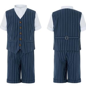 Summer Navy Stripe Jungen formelle Kleidung maßgeschneiderte 2 Stücke hübsche Anzüge für Hochzeit Prom Dinner Kinder Kleidervesthosen 211e