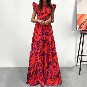 Basic Casual Dresses Womens Dress O-Neck Flying Slave Maxi Dress Leaf Print High Waist Backless Long Lace Ruffle hem Loose fitting Dress T240523