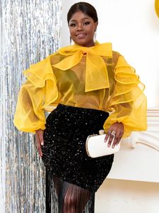 Blusa amarela da moda para mulheres tule pura Top Top See através do Bowtie Buffles Trim Sirt Fashion Office Work Club PLUS TAMANHO 4XL 240522
