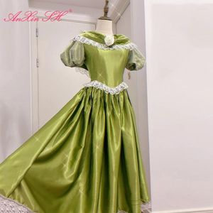 Parti Elbiseleri Anksin Sh Vintage Prenses Yeşil Saten Beyaz Çiçek Dantel V Boyun Gül Kısa Puf Kılı