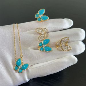 Роскошные качественные бренд Blue Burquoise Butterfly Servings Bracelet Bracelet Ring для женщин 925 стерлинговых украшений набор 240524