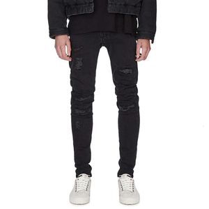 2024 Estruerad patch non avslöjande jeans, fashionabla smala passande svarta stretch -jeans M524 74