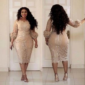 Afrikanische Champagnermutter der Kleider Juwel Neck Applique Illusion 3 4 Ärmel Langarmabendkleider Plus Size Prom Kleid 225H