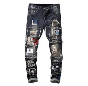 GINZOUS Men039s badge patchwork ripped embroidered stretch jeans Trendy holes patches design slim straight denim pants71427202510583