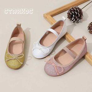 Flat shoes Sparkling Ballet Shoes for Childrens Classic Round Toe Bow Elastic Band Ballet Performer Apartment Girls Luxury Stage Party Gold Luggage Q240523