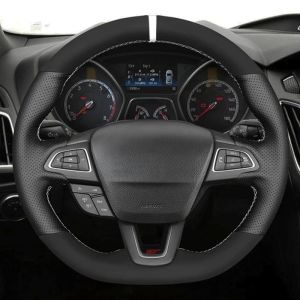 Black Genuine Leather Suede Car Steering Wheel Cover Car Accessories For Ford Focus (RS | ST | ST-Line) 2015-2018 Kuga Ecosport