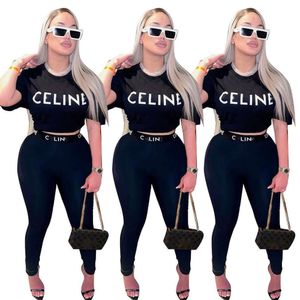 Designer Tracksuits Women Sports Two Piece Set Letter Printed Brand Matching Sets Short Sleeve Crop Top And Pants Party Night Birthday Outfits