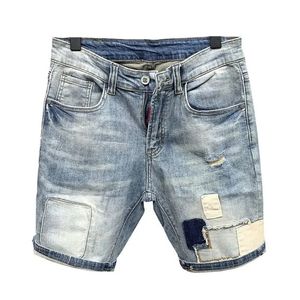 Male Denim Shorts Patchwork Straight with Pockets Mens Short Jeans Pants in Y2k Fashion Thin Cut Vintage Blue 240524