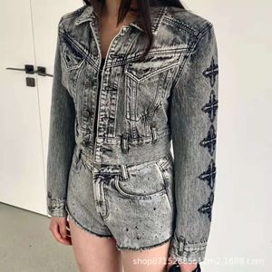 SMFK R Cross Flower Denim Jacket Tang Yixin Same Style Washed And Distressed Gray Embroidery Slim Fit Versatile Outer Set