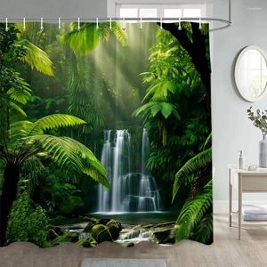 Shower Curtains Tropical Rainforest Landscape Palm Tree Green Jungle Plant Waterfall Forest Scenery Cloth Bathroom Curtain Decor