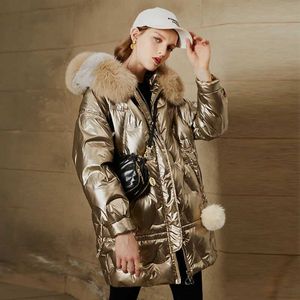 Kvinnor Down Parkas Large Natural Päls Huven Glänsande jacka 2023 Ny 90% Duck Down Coat Women Long Golden Winter Down Parkas Waterproof T240523