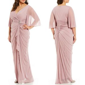 Pink Mother Of The Bride Dresses Sash Crystal Chiffon Half Long Sleeves Elegant Wedding Guest Dress V Neck Plus Size Evening Gowns 292s