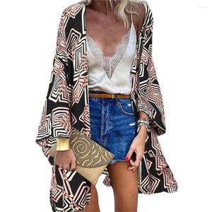 Jackets femininas Blusa feminina Blusa geométrica Prinha Batwing Summer Summer Bohemian Sun Protection Long Cardigan