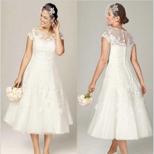 Sheer Lace Wedding Dresses with Illusion Neckline Short Sleeve Tea Length Bridal Gowns Appliques 2015 Plus Size Wedding Gowns 206W