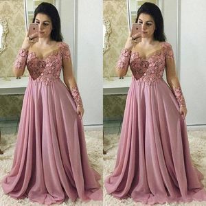 2023 Long Sleeves Dusty Pink Mother Of The Bride Dresses Jewel Neck Illusion Lace Appliques Flowers Chiffon Party Evening Wedding Guest 202C
