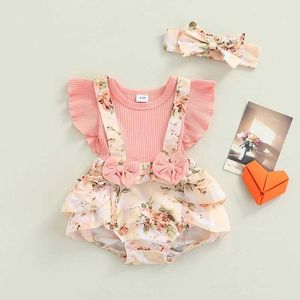 Set di abbigliamento per pigiama bambina set di abbigliamento a due pezzi set di maniche per motivi di stampa floreale rosa turista e papillon per papillon 0-18 mesi WX5.23