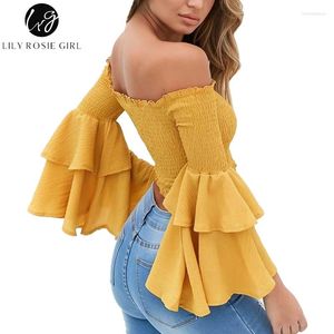 Women's Blouses Rosie Girl Flare Long Sleeve Off Shoulder Yellow Blouse Crop Sexy Backless Shirts Summer Women Red Short Tops Shirt