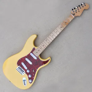 Gelbe SSS -Abholung E -Gitarre mit Ahorn Griffbrett 22 Bünde Red Pickguard kann angepasst werden