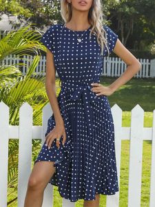 Grundläggande avslappnade klänningar Benuynfy o-hals polka dot Summer 2024 HAT SLEVE WOMENS Kn Long Shirt Elegant Office Womens Belt A-Line Dress Y240524