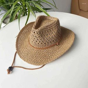 Wide Brim Hats Summer Outdoor Men Women Hand-woven Western Cowboy Paper Straw Breathable Beach Jazz Cap Sun Protection Hat