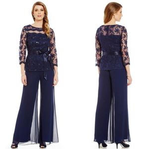Fashionable Mother Of Bride Pant Suit Long Sleeves Lace Plus Size Mother Bride Beads Ribbon Evening Dresses Fashion 275A