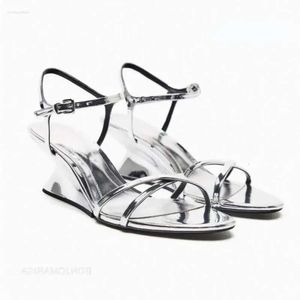 Metallic Heels High Sandals Sliver Wedges Bling for Women Narrow Band Buckle Strap Sexy Brand Shoes Open Toe Su b28