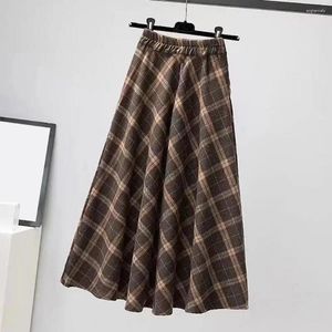 Skirts Fall Women Midi Skirt Plaid Print Color Matching Elastic Waist A-line Thick Shirring Mid-calf Length Big Swing