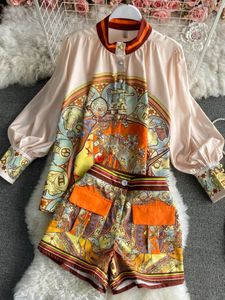Womens printed two-piece set with retro and unique spring floral shortslong sleeved elegant set for spring and summer 240508