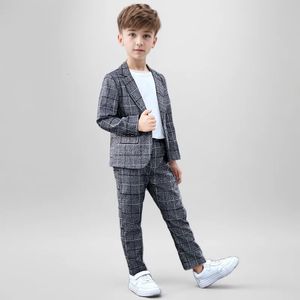 Boys Plaid Slim Fit Casual Suits Set Child Spring Autumn Performance Piano Pography Costume Kids Blazer Pants Outfit 240516