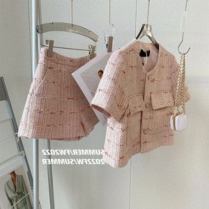 Shorts Sets 2 Piece Womens Outifits O Neck Pink Tweed Jacket Femme Crop Cardigan Tops Korean Coat Short Pant Suit 240516