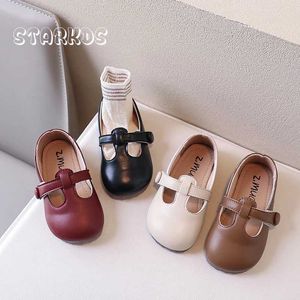 Flat Shoes T-Strap Mary Jane Childrens skor 2024 Spring New Leather Loafers Baby Girls Retro Compa Compact tå Ballet Apartment Q240523