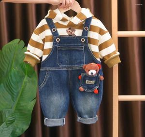 Giyim Setleri Bebek Butik Kıyafetler 2024 Bahar Sonbahar Kıyafetleri Çocuklar İçin Bebek Karikatür Stripes Hoodies Denim Tulumlar Toddler Erkek Kızlar