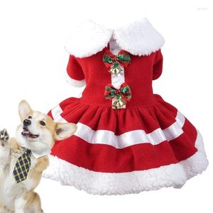 Vestido de vestuário de vestuário de cachorro, vestido térmico de saia vermelha com 2 sinos, suprimentos de animais de estimação roupas de Natal para a festa ao ar livre