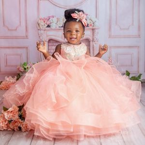 2024 Naken Pink Flower Girl Dresses Children Birthday Dress Illusion Sheer Neck Appliced ​​Pärlor Spetsar Rhinestones Tiered Tulle Princess Ball Gown for Marriage F108