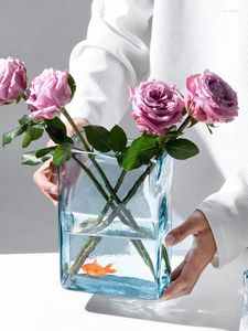 Vasen kreative quadratische hydroponische Blume Vase Blue Glass Desktop Dekoration Rose Pot Handwerk Wohnzimmer Inneneinrichtung Dekoration