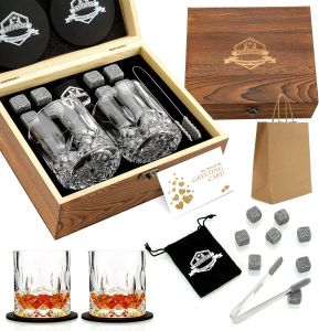 Viski taşları gözlük seti, viski için granit buz küpü, ahşap kutuda viski ürpertici kayalar, baba koca erkekler için en iyi hediye