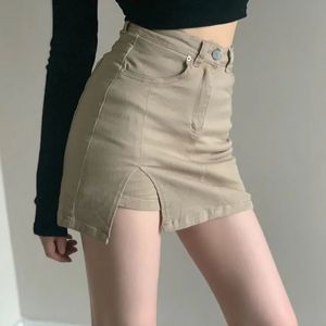 XPQBB Khaki Mulheres jeans Saias curtas coreanas Cantura alta Anti Mini Salia Mulher Primavera Verão Pacote Sexy Hip Salia 240523