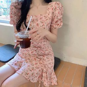 Mini dress with square neckline floral print lace dress polyester short skirt soft womens fairy sweet womens club party sexy dress 240523