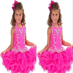 Sweet Pink High Neck Girls Pageant Dresses With Beaded Crystals Tiered Children Birthday Wedding Party Gowns Teenage Princess Toddler D 251l