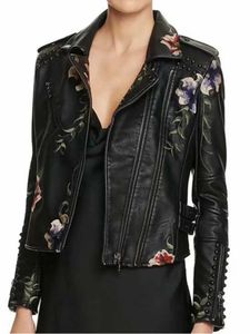 Couro de couro feminino Couro falso 2024 Primavera outono impressão floral Bordado Jaquetas de couro Faux Mulheres High Strt Moto Rivet Black Punk Outerwear Biker Casacos T240523