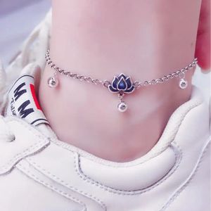 Ethnic Simple 925 Sterling Silver Beads Lotus Anklet Womens Foot Chain Vintage Enamel Ankle Bracelet Jewelry JL008 240524