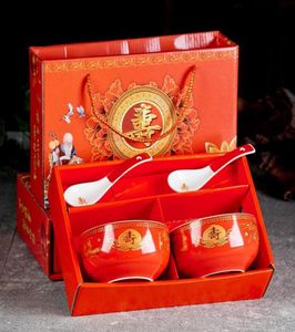 Chińskie pomyślne zastawa stołowa czerwona żółta ceramiczna porcelanowa zastawa stołowa urodzinowe Ramen Bowlki Zupa Rice Bowl Prezent do wystroju domu C6026620