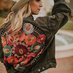 Kvinnors jackor jsxdhk strtwear blommig broderi denim jacka kappa vintage kvinnor vår hösten avstäng av krage lös cowboy outwear t240523