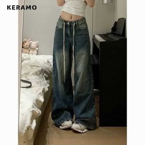 Kvinnors jeans harajuku vintage ritade höga midja lösa jeans 2023 Autumn Pants Winter Womens Y2k Wide Leg Bagage Street Clothing Denim Trouser Q240523