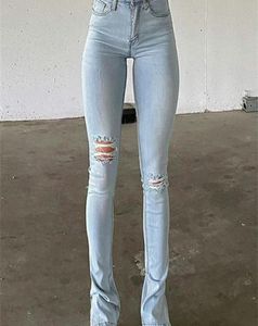 Jeggings для женщин с высокой талией голубые джинсы скинни, женщины, слабые эластичные джинсовые брюки, модные летние расщепленные брюки 2202225804846