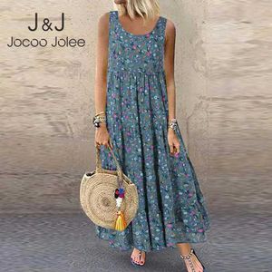 فساتين أساسية غير رسمية Jocoo Jol Bohemian Maxi Dress Womens غير الرسمية عتيقة بلا أكمام O-Neck Flower Print تنورة فضفاضة شاطئ كبير شاطئ تنورة Y240524