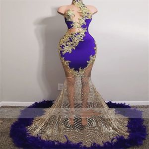 Sexy Purple Mermaid Evening Dresses 2023 Feathers Golden Beads Aso Ebi Birthday Party Dress Formal Gowns Robe De Bal Custom Made 254O