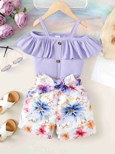 Clothing Sets 2PCS childrens and girls clothing set with shoulder strap short sleeved top floral shorts a bow cute WX5.237425