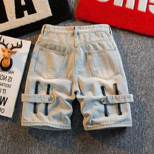 Calça de jeans curta para homens zíper cowboy reto angustiado com shorts jeans venda de moda coreana com botões XL 240524